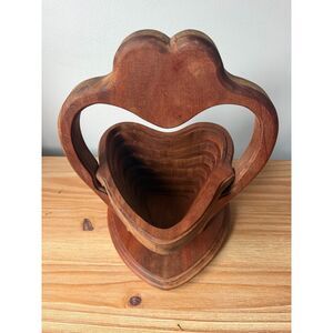 Vintage Artisan Carved Wood Folding Collapsible Heart Shaped Bowl Basket